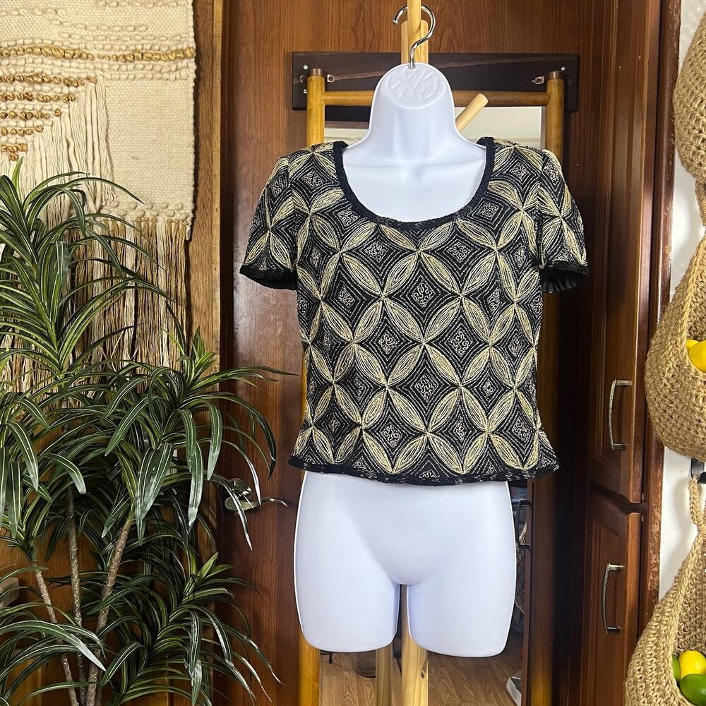 Vintage 80s Beaded Silk Evening Top PS Black Gold Art Deco Cocktail Blouse Glam